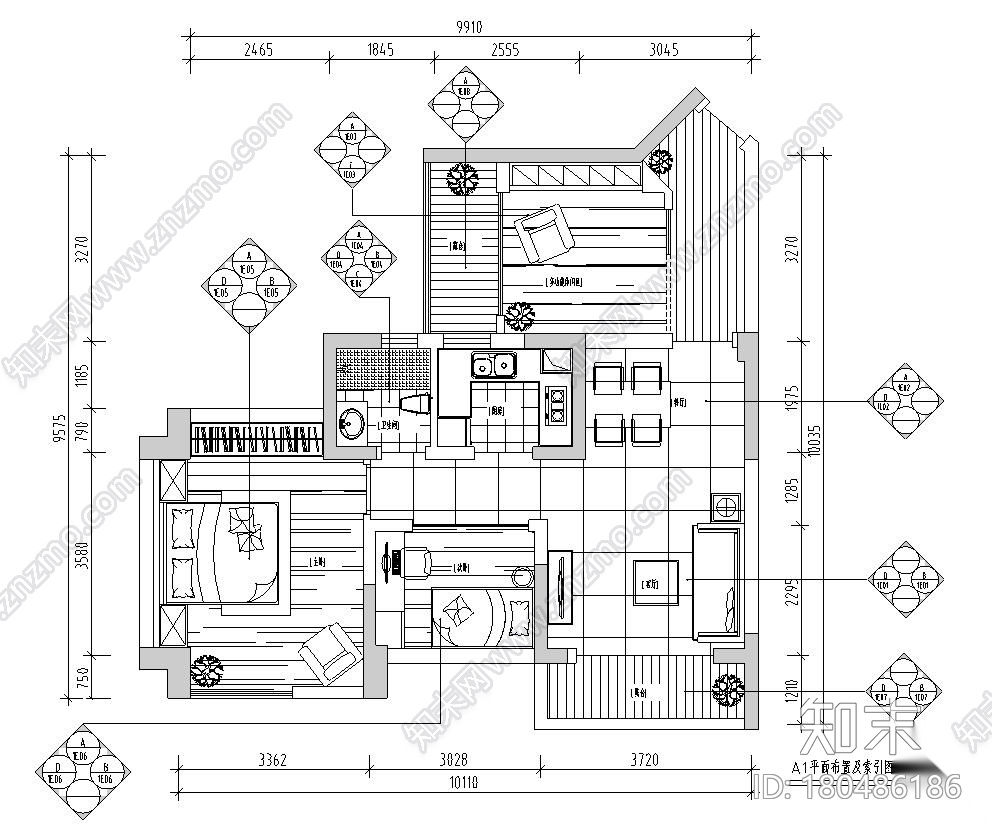 武汉名流-润合园A1样板房样板间施工图cad施工图下载【ID:180486186】