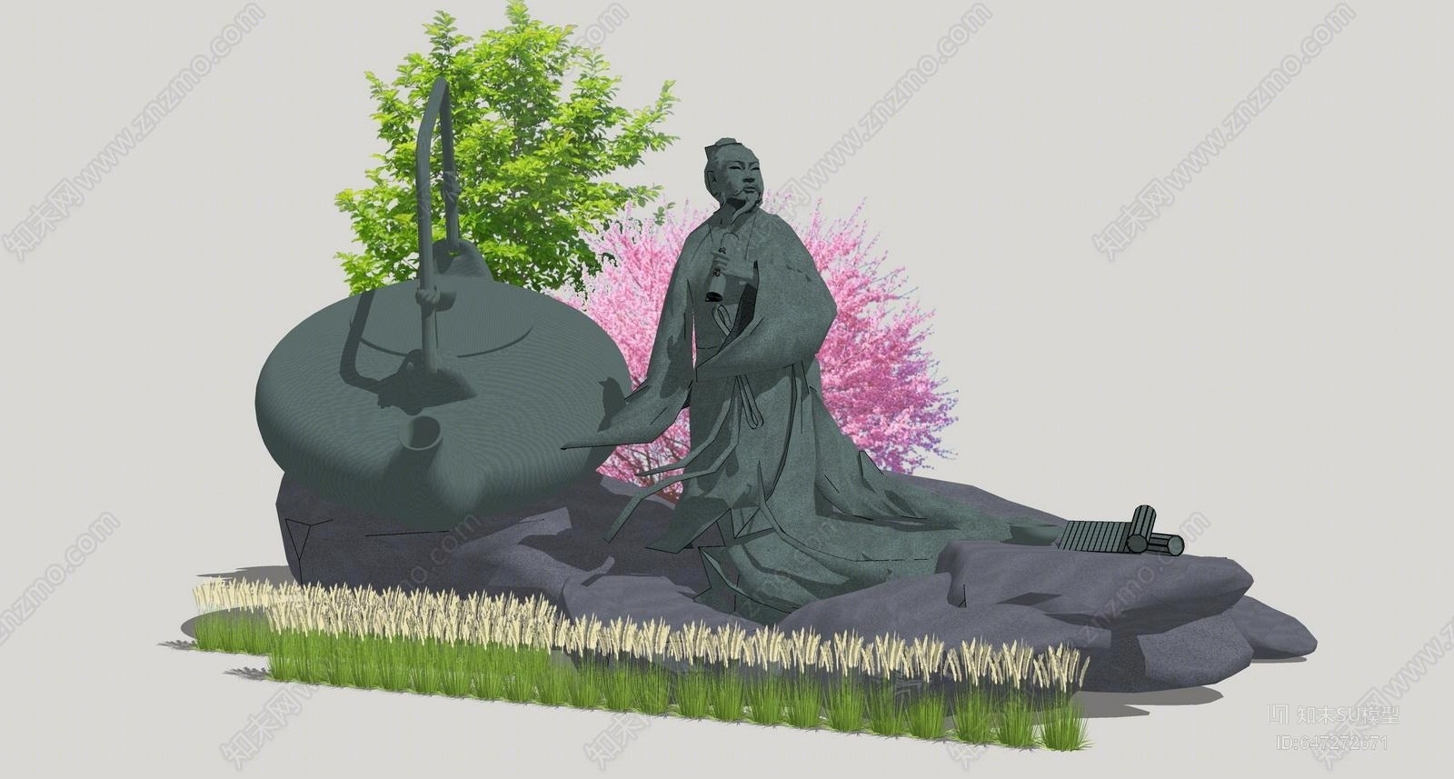 中式茶文化人物雕像SU模型下载【ID:647272671】