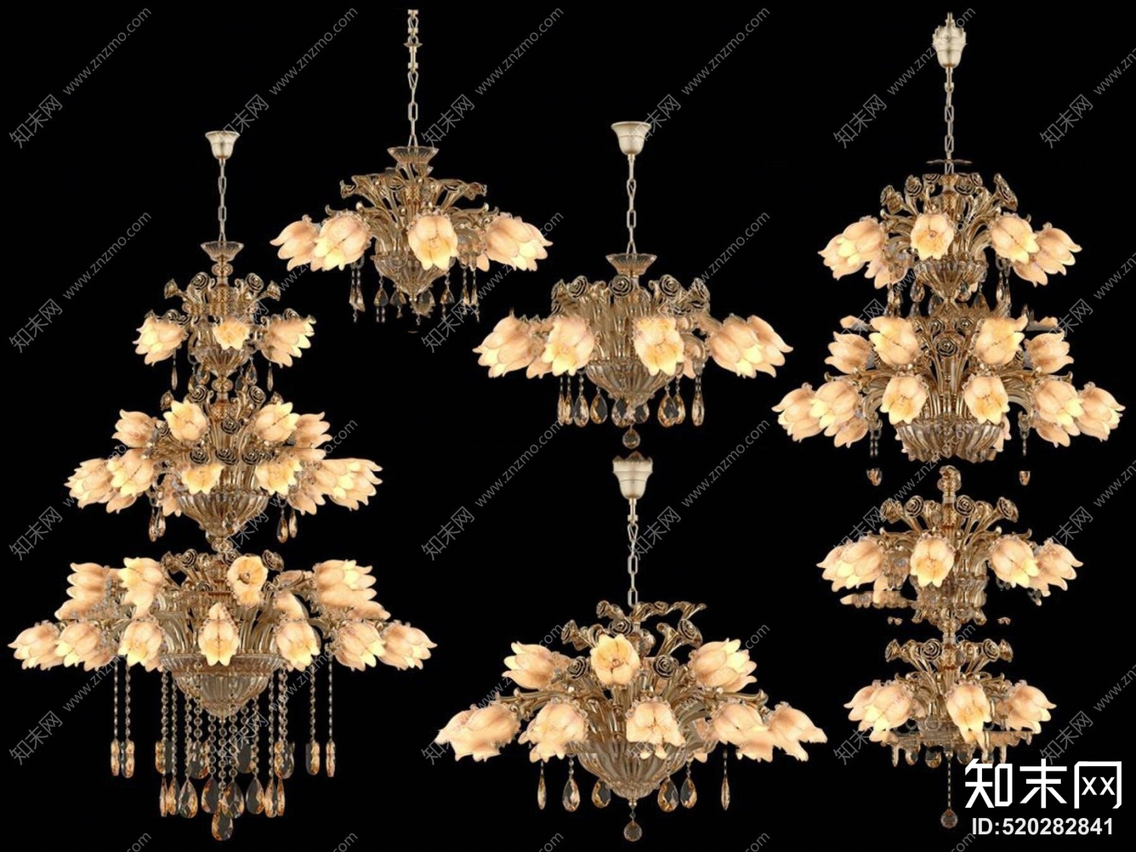 欧式手工玻璃吊灯组合3D模型下载【ID:520282841】