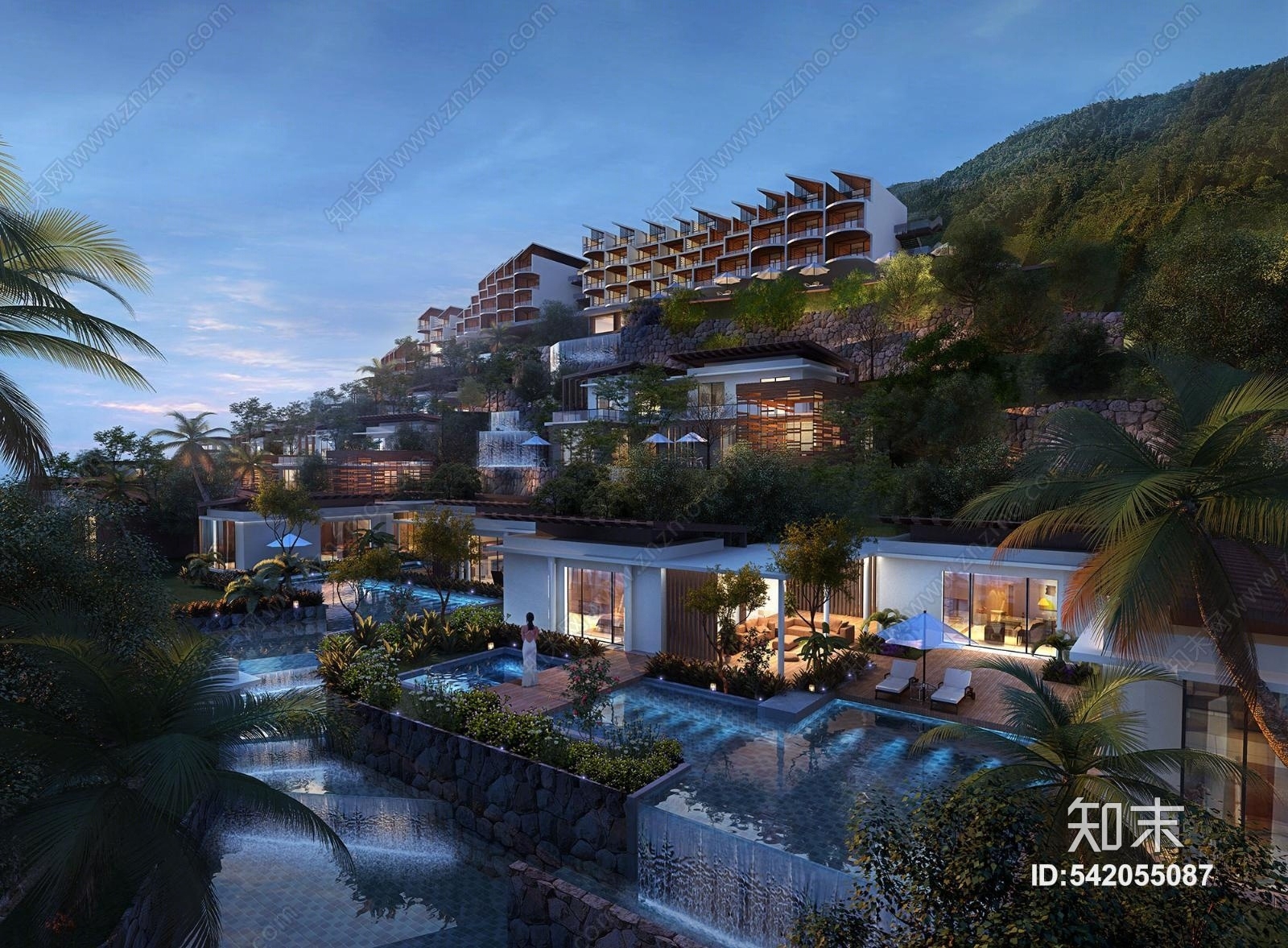 现代酒店别墅水景庭院3D模型下载【ID:542055087】