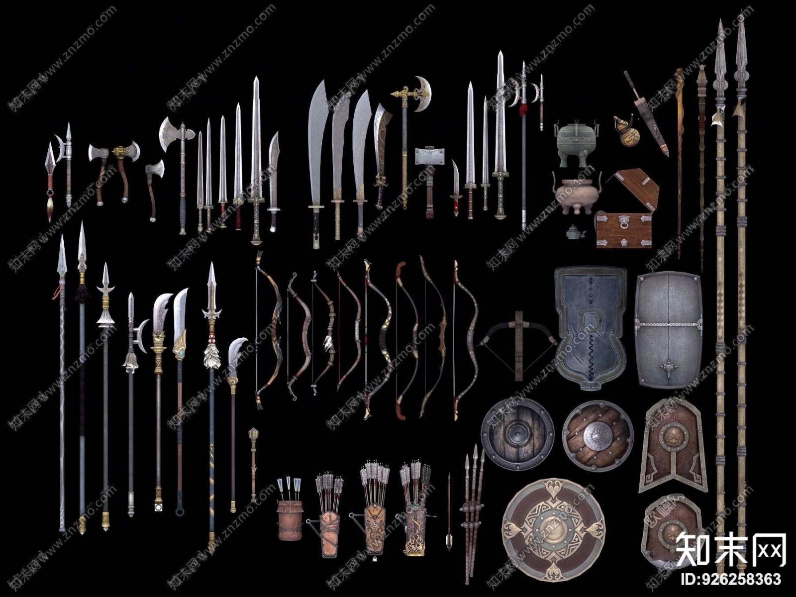 中式刀枪剑戟弓盾冷兵器组合3D模型下载【ID:926258363】
