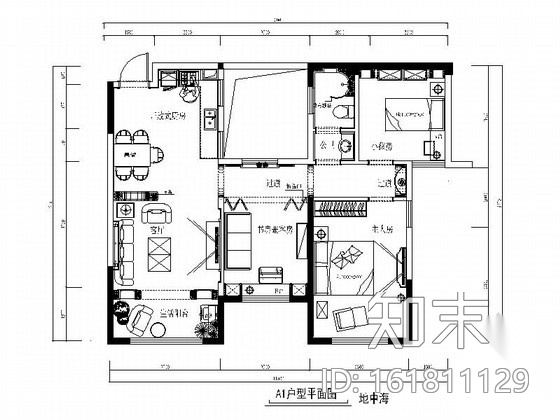 [原创]地中海风格三居室室内二次装修改造施工图施工图下载【ID:161811129】