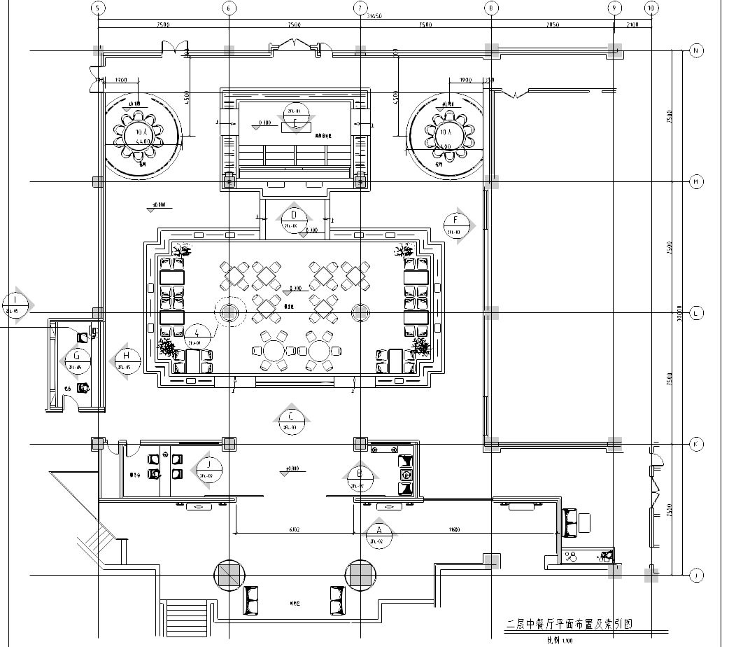 [北京]酒店中餐厅散座区装修施工图cad施工图下载【ID:160424111】