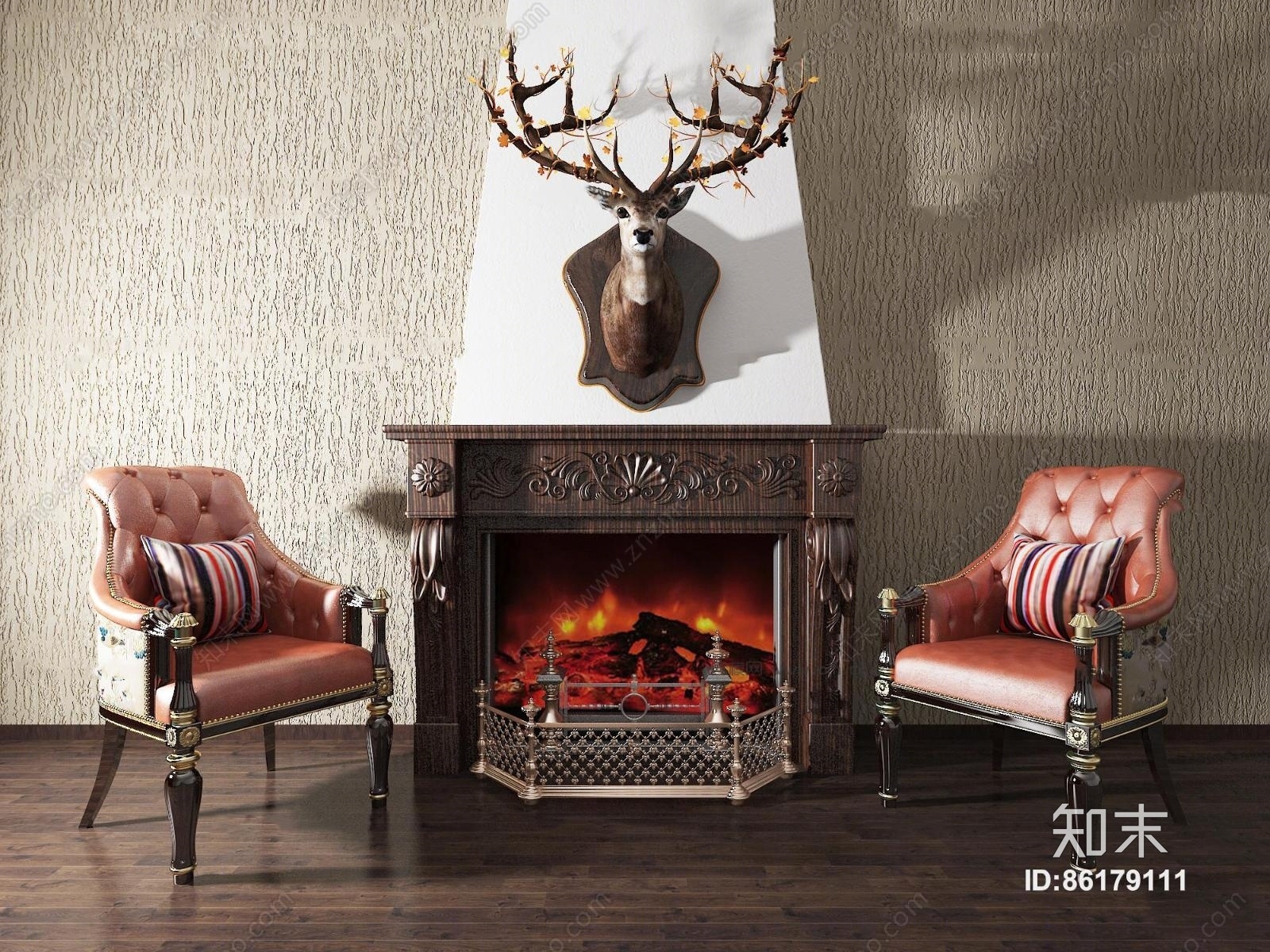 美式壁炉鹿头墙饰休闲椅组合3D模型下载【ID:86179111】