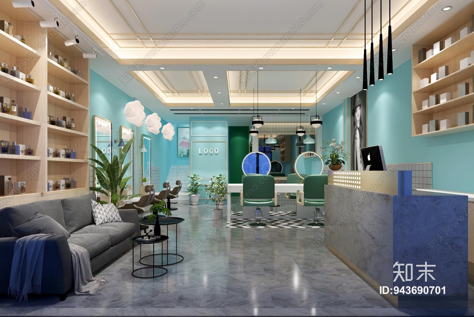 北欧简约个性蓝色美发理发店3D模型下载【ID:943690701】