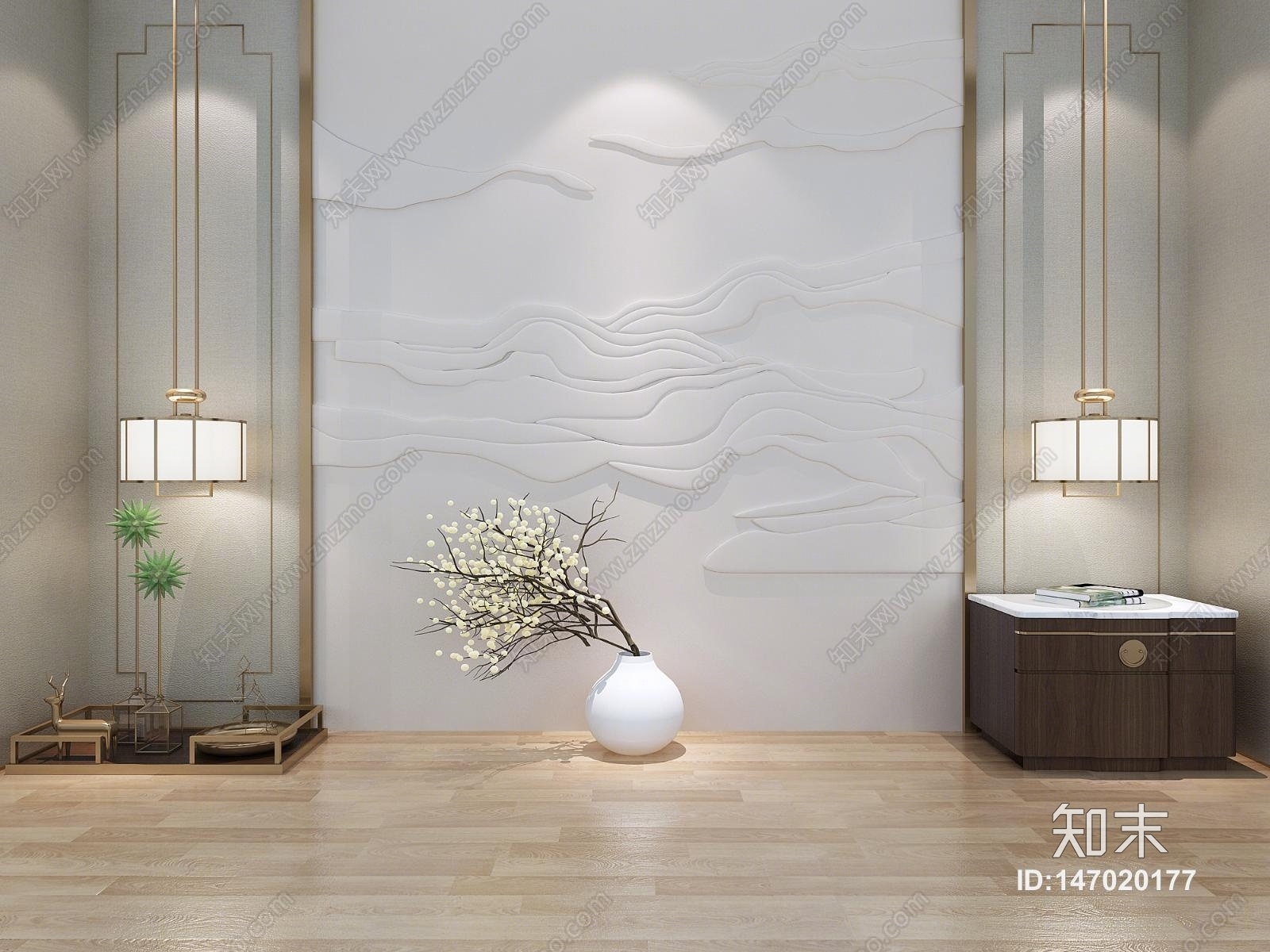新中式浮雕背景墙3D模型下载【ID:147020177】