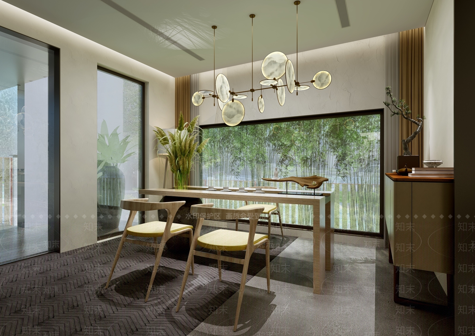 新中式餐厅椅子餐桌吊灯芦苇端景柜子3D模型下载【ID:832424630】