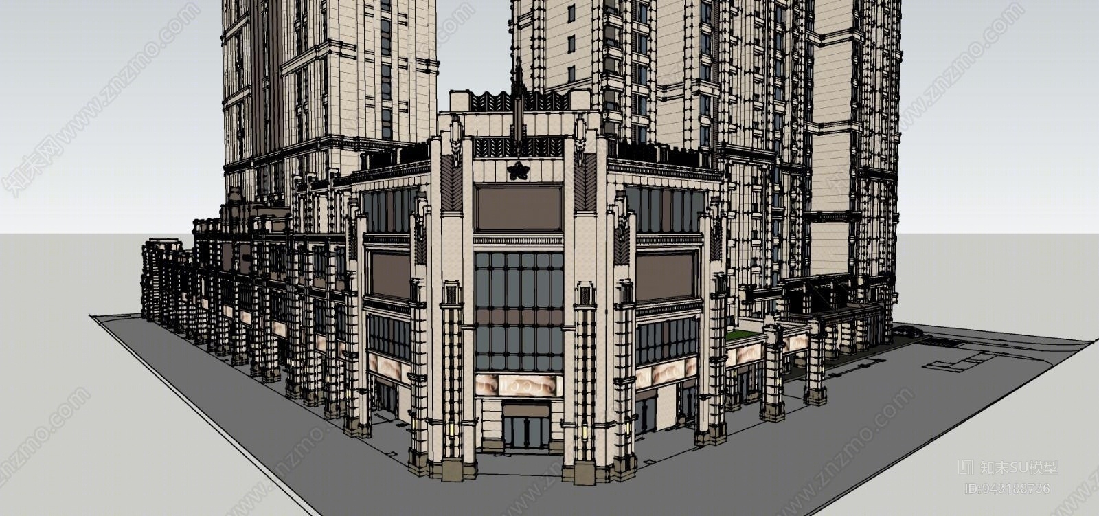 现代风格小区大门楼盘SU模型下载【ID:943188736】