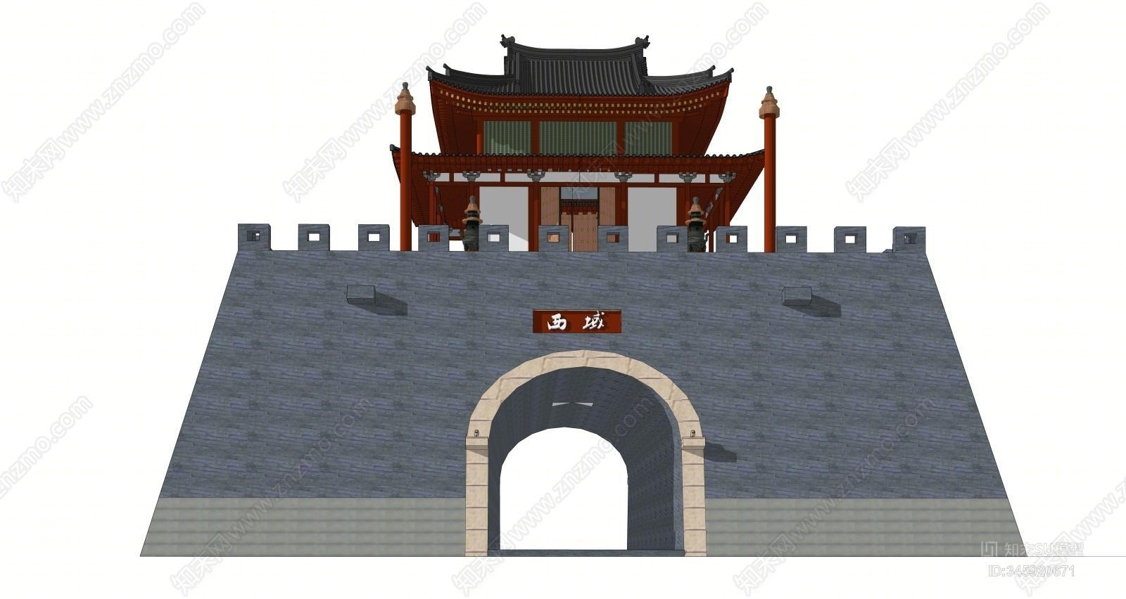 中式古代城门关口驿站SU模型下载【ID:345920671】