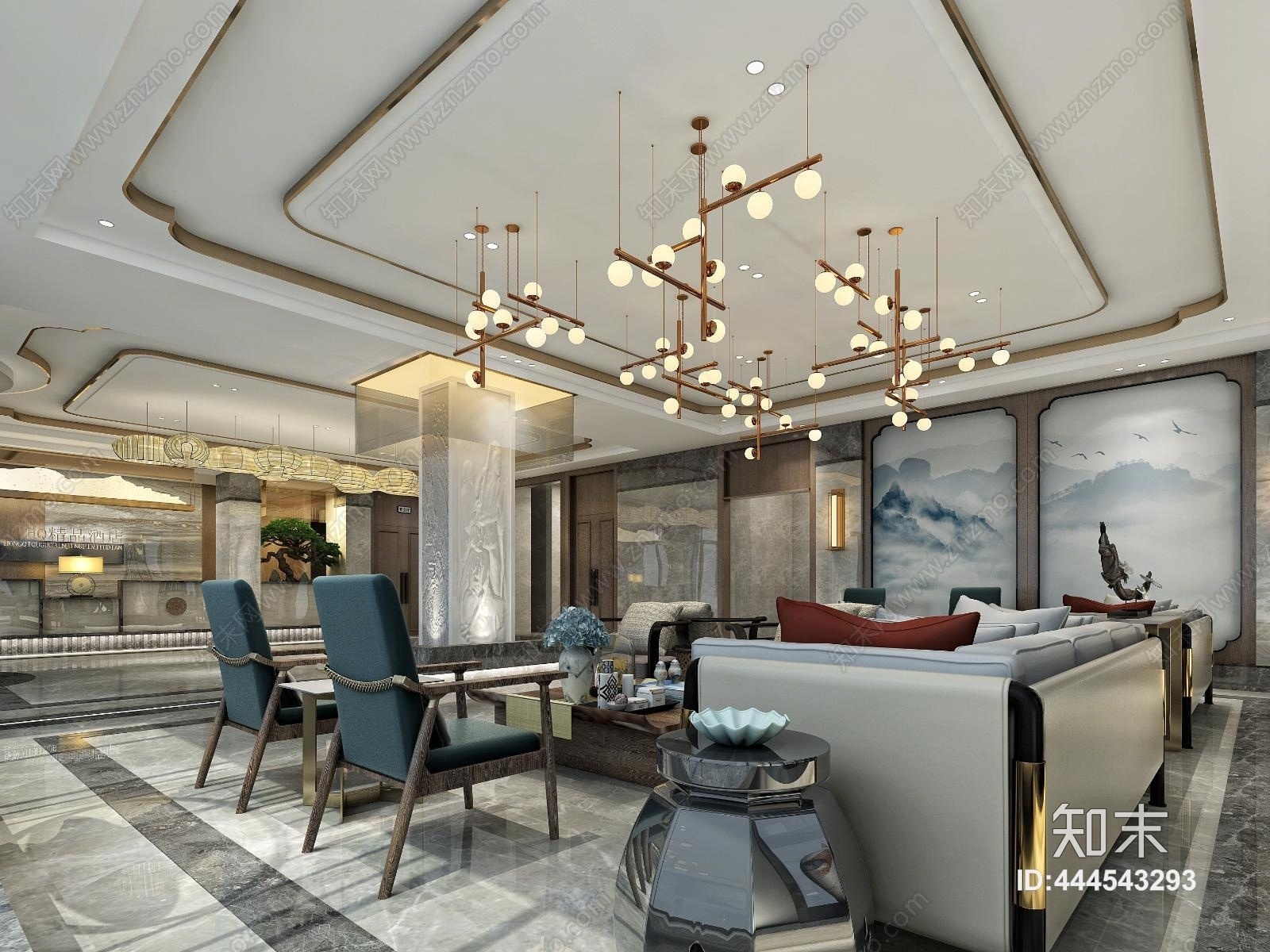 现代大厅吊灯沙发组合3D模型下载【ID:444543293】
