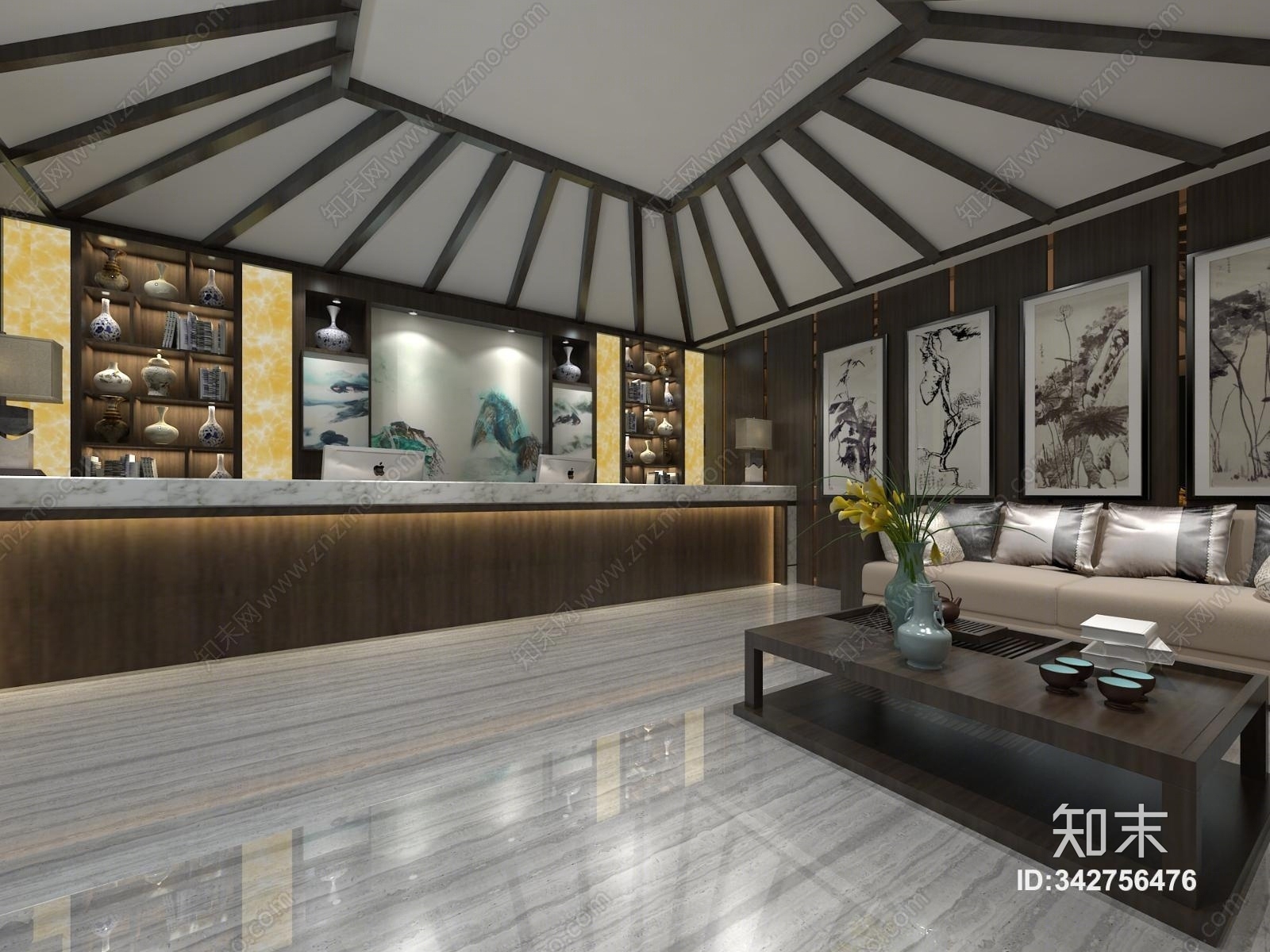 中式餐厅前台3D模型下载【ID:342756476】