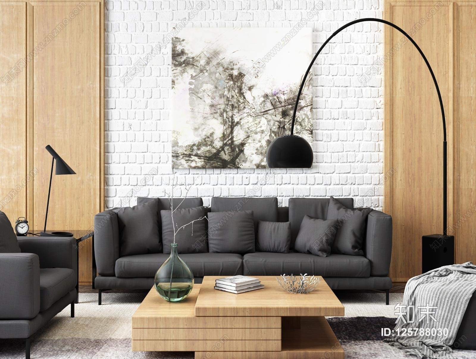 现代北欧沙发茶几落地灯背景墙组合3D模型下载【ID:125788030】