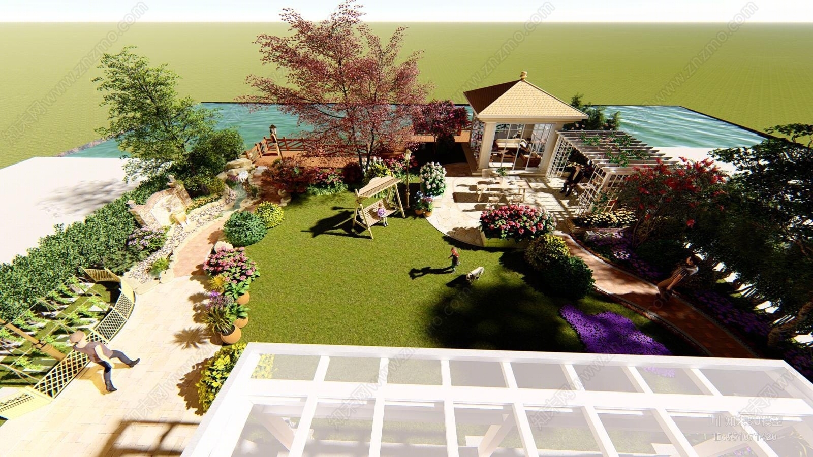 美式风格住宅景观SU模型下载【ID:551071420】