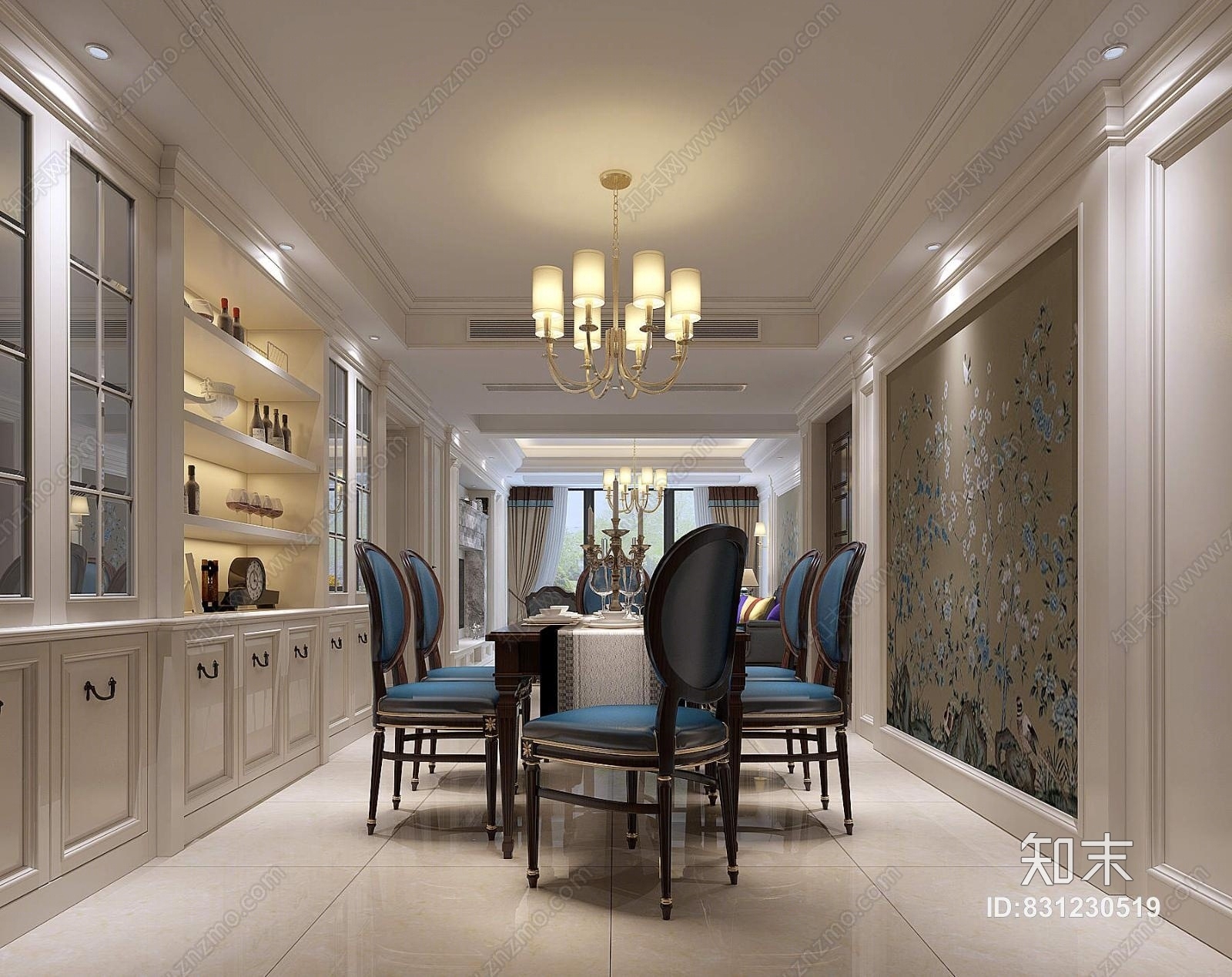美式现代美式餐厅餐桌餐椅吊灯酒柜装饰画3D模型下载【ID:831230519】