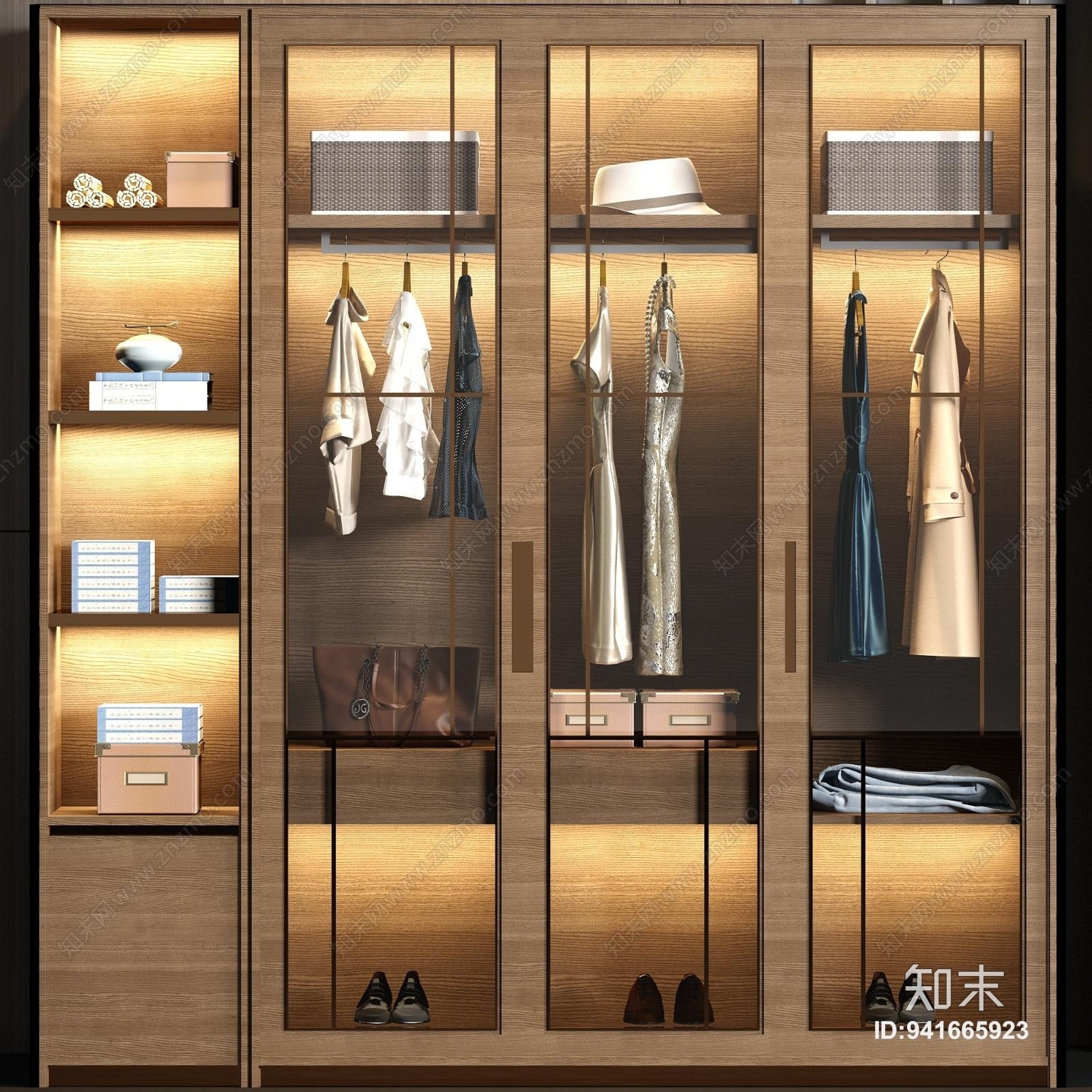新中式实木衣帽间玻璃衣柜衣服饰品组合3D模型下载【ID:941665923】