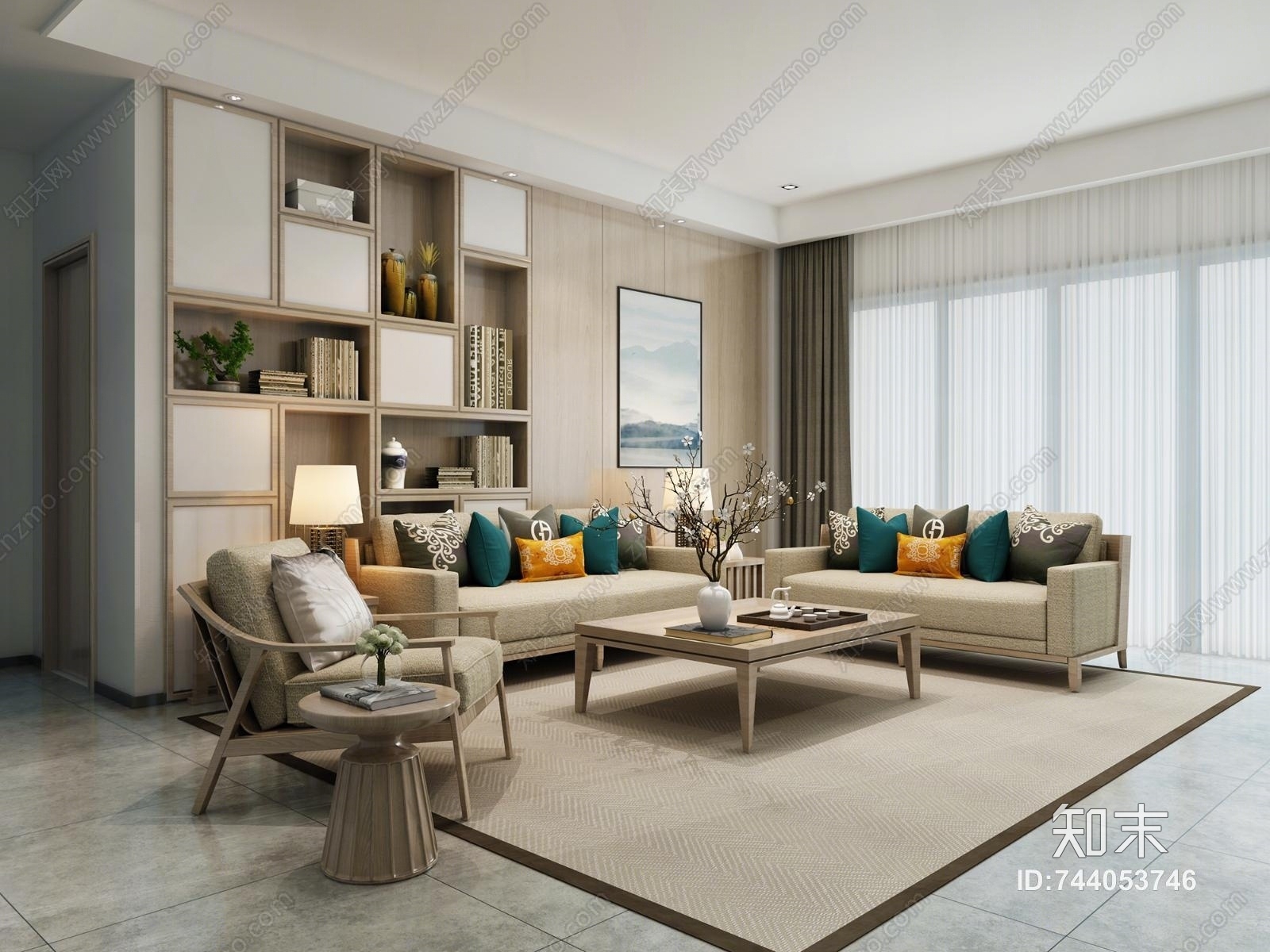 新中式客厅空间3D模型下载【ID:744053746】