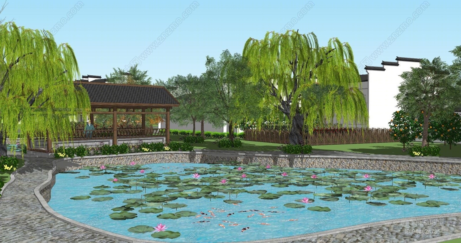 中式滨水景观SU模型草图