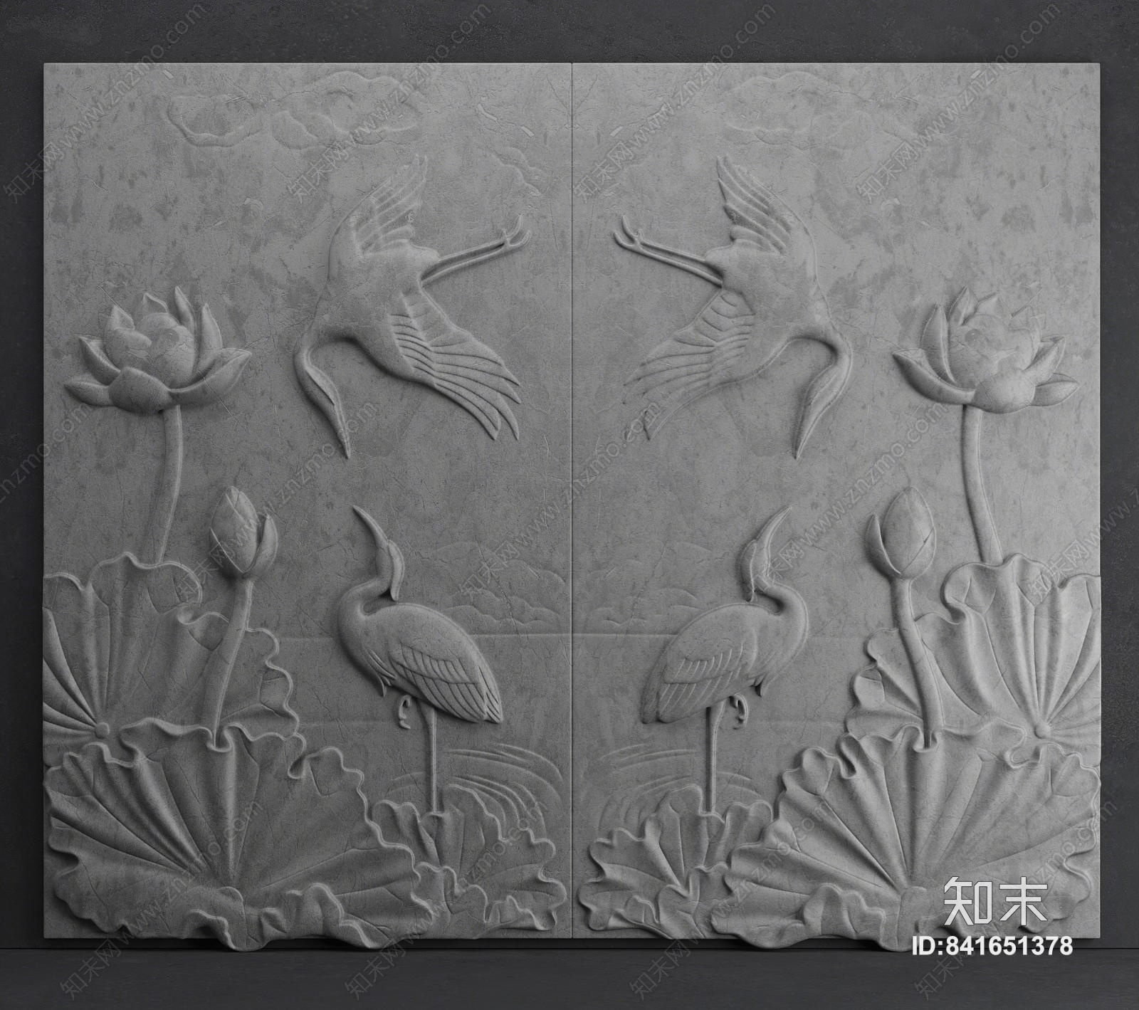 中式荷花仙鹤浮雕3D模型下载【ID:841651378】