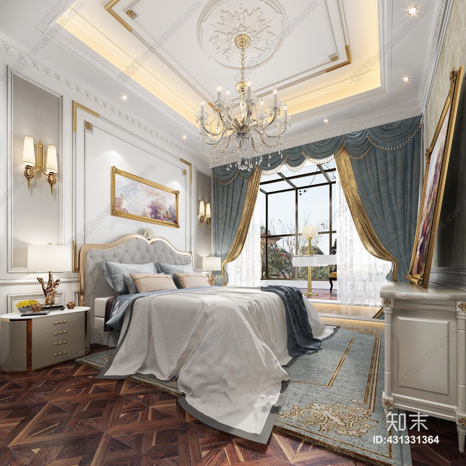 美式现代美式主卧书房带阳台3D模型下载【ID:431331364】