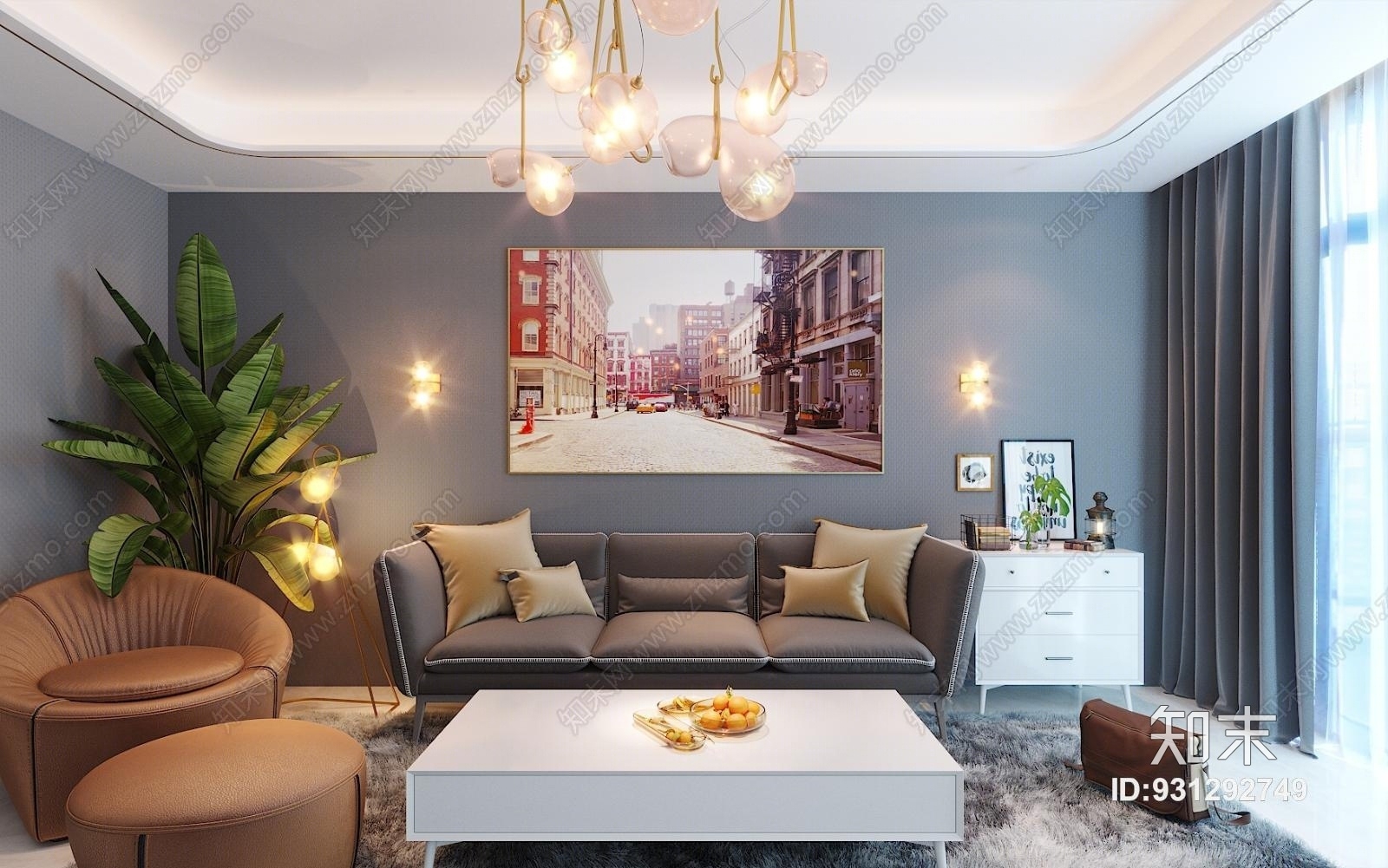 现代客厅沙发轻奢吊灯家具茶几窗帘毛发地毯3D模型下载【ID:931292749】