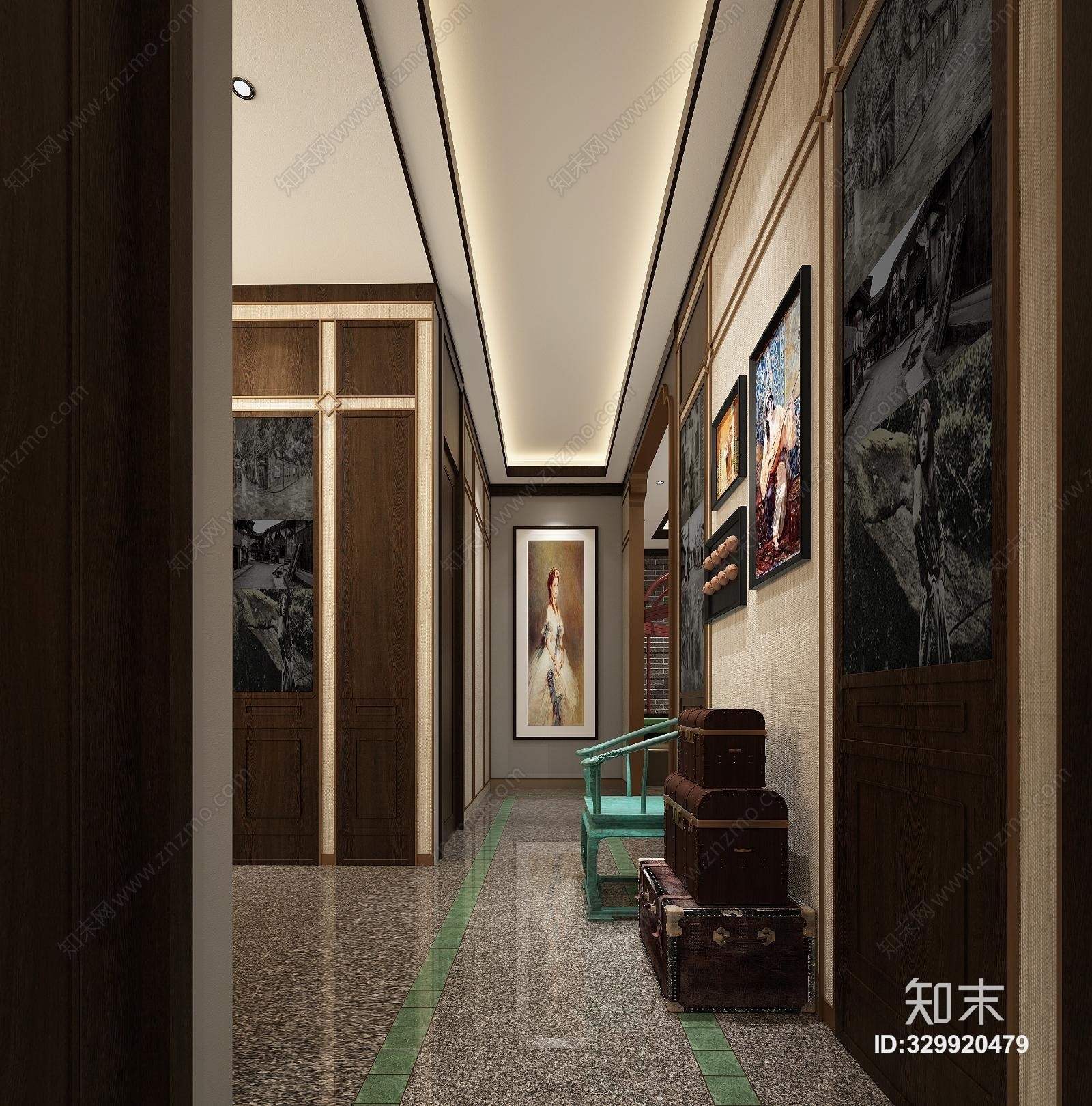 中式餐厅餐桌过道吊灯3D模型下载【ID:329920479】