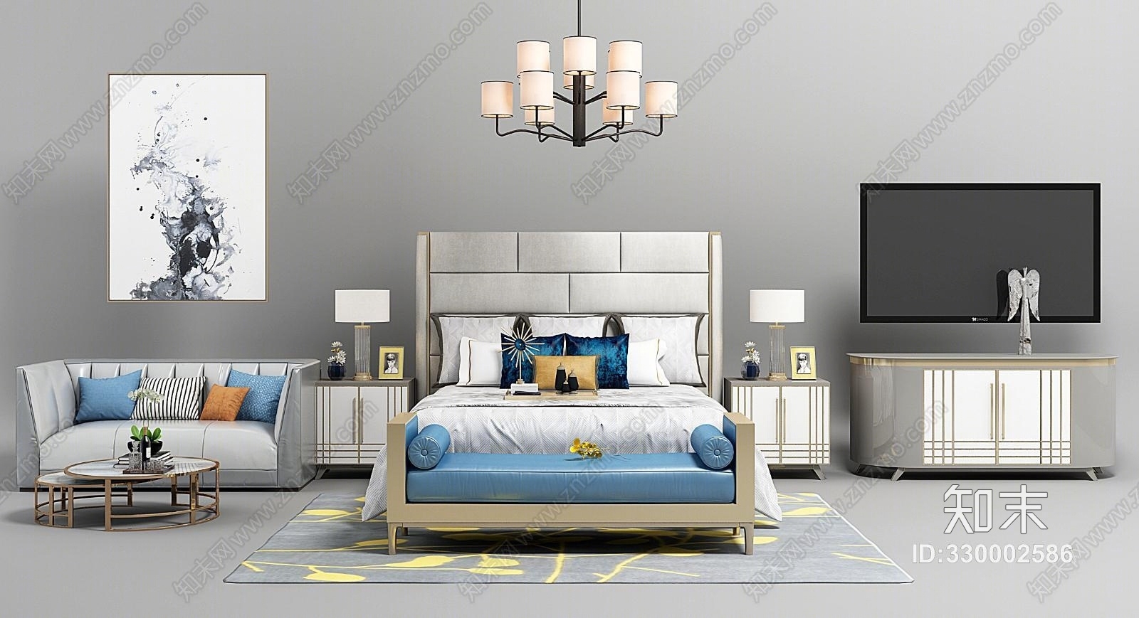 现代床具组合3D模型下载【ID:330002586】