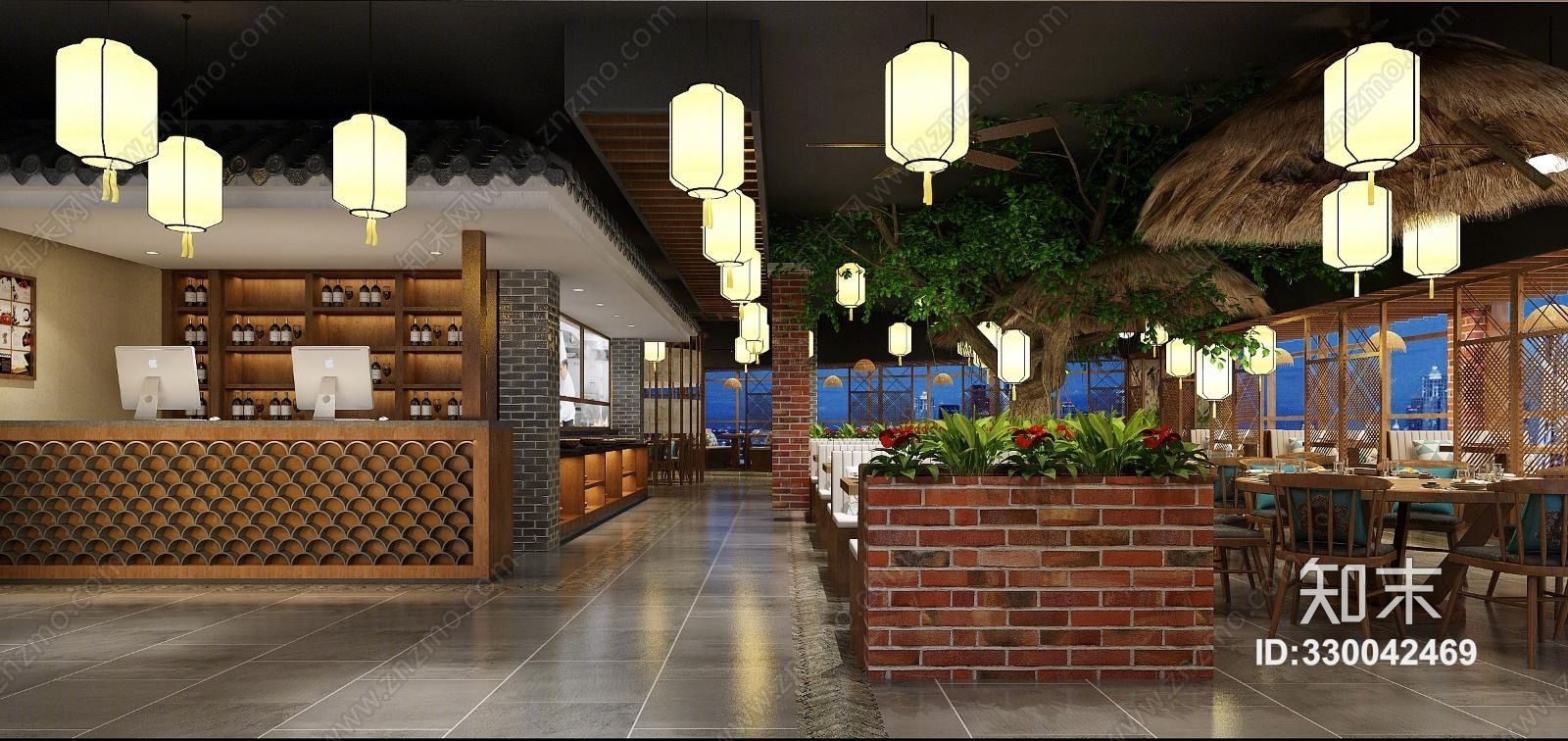 中式餐厅草屋顶吊灯卡座前台3D模型下载【ID:330042469】