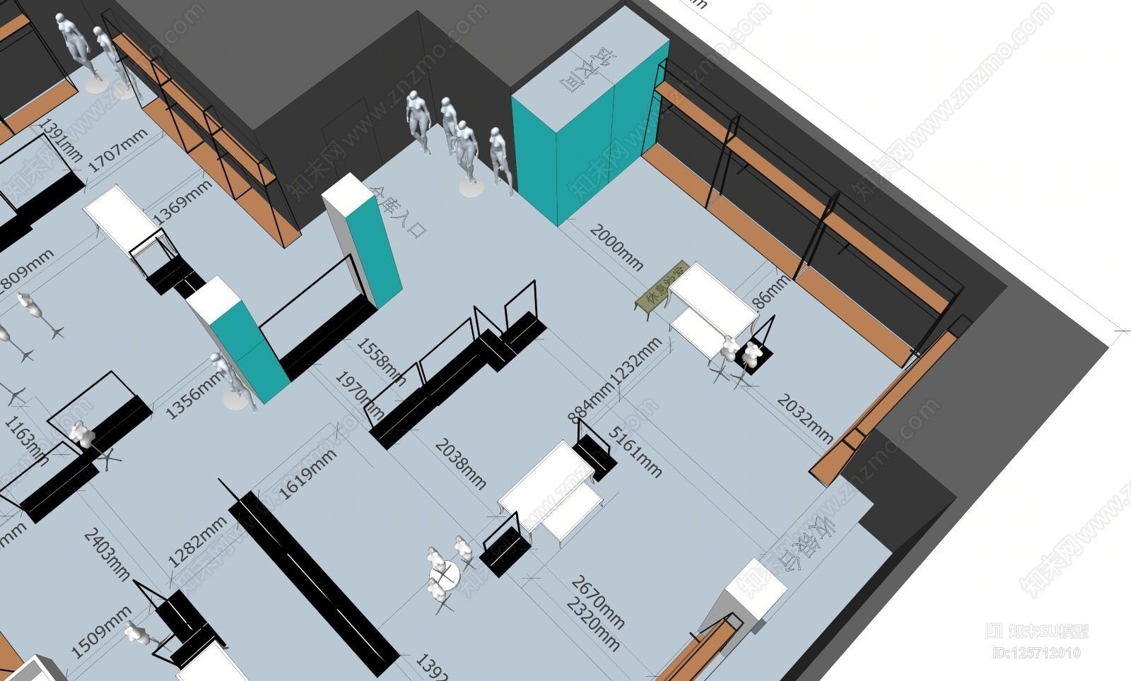 服裝店鋪空間陳列布局動線設計su模型下載【id:125712010】