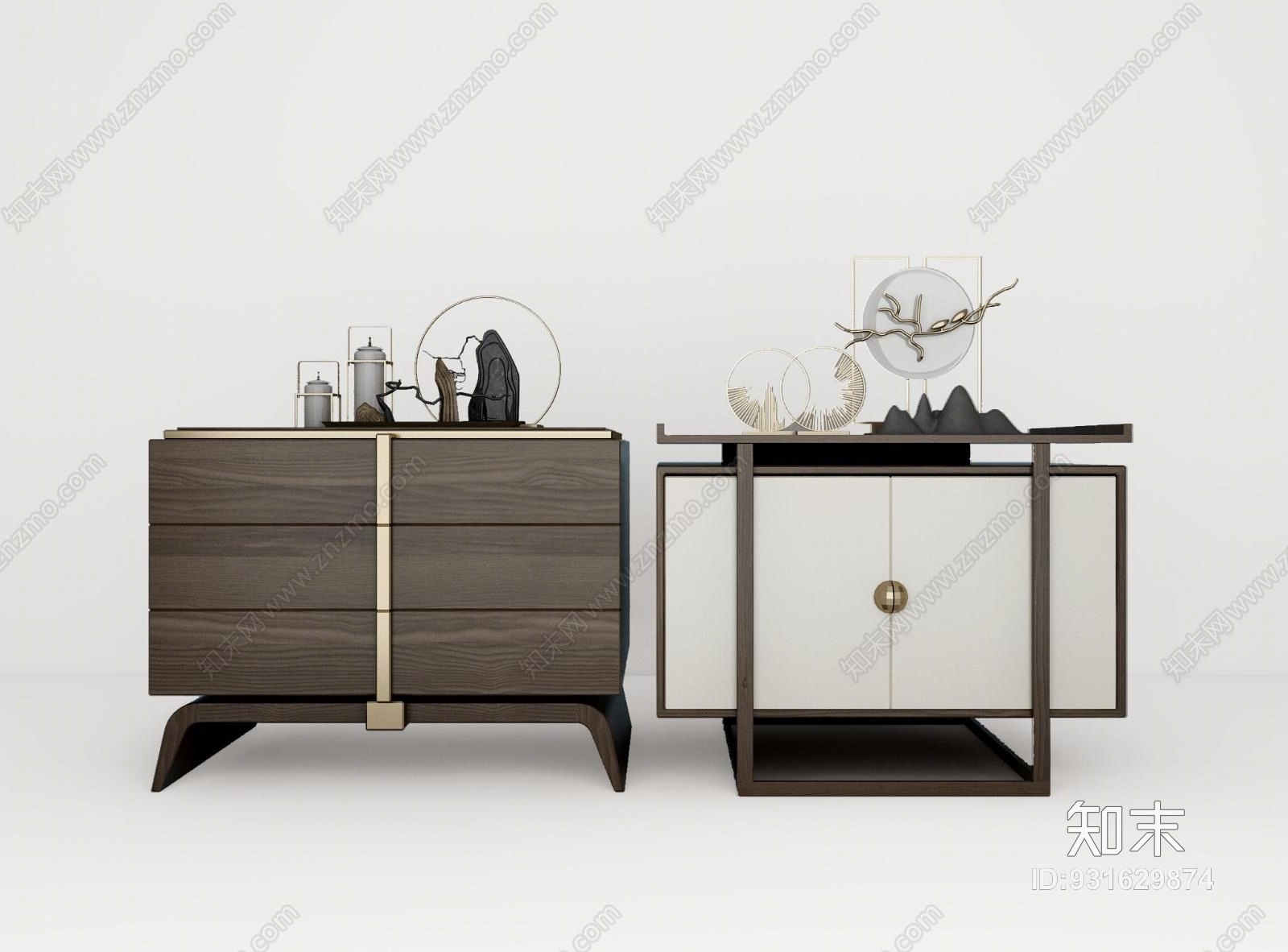 新中式床头柜边柜装饰品组合3D模型下载【ID:931629874】