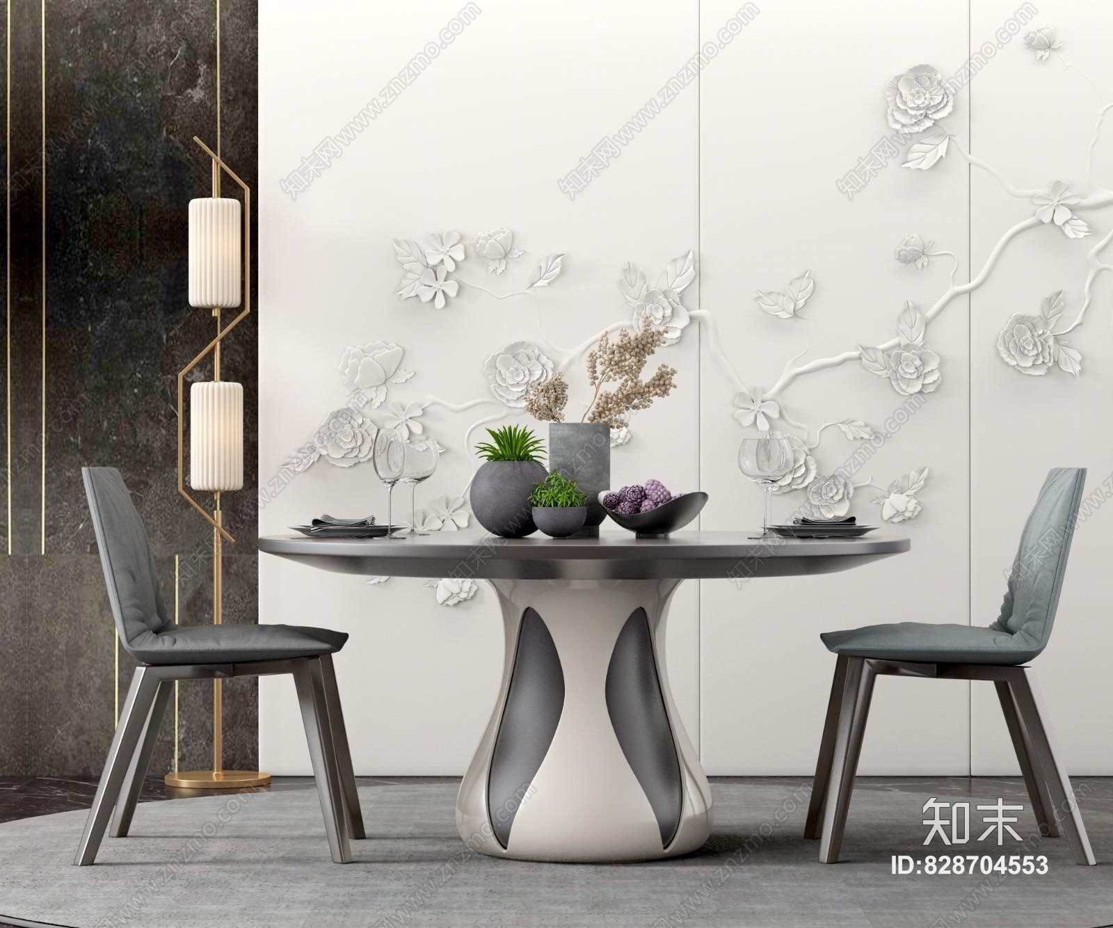 新中式休闲单椅台灯落地灯装饰品组合3D模型下载【ID:828704553】