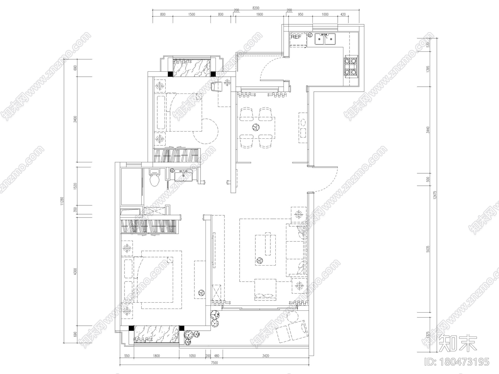 [上海]崇明83㎡现代二居室家装样板间施工图cad施工图下载【ID:180473195】