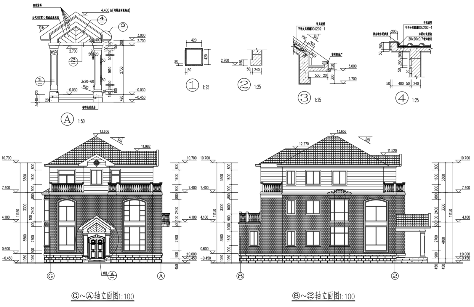 欧式坡屋面3层独栋别墅建筑设计施工图（含全套CAD图纸...施工图下载【ID:149888141】