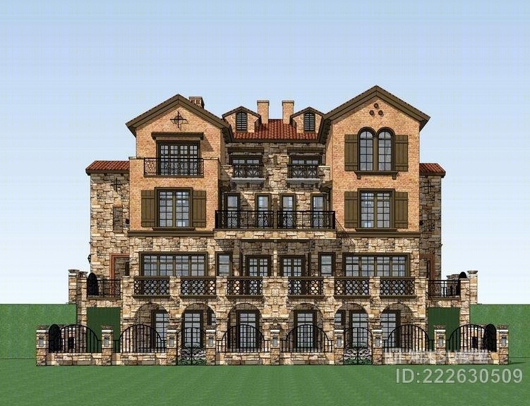 西班牙风格双拼别墅SU模型下载【ID:222630509】