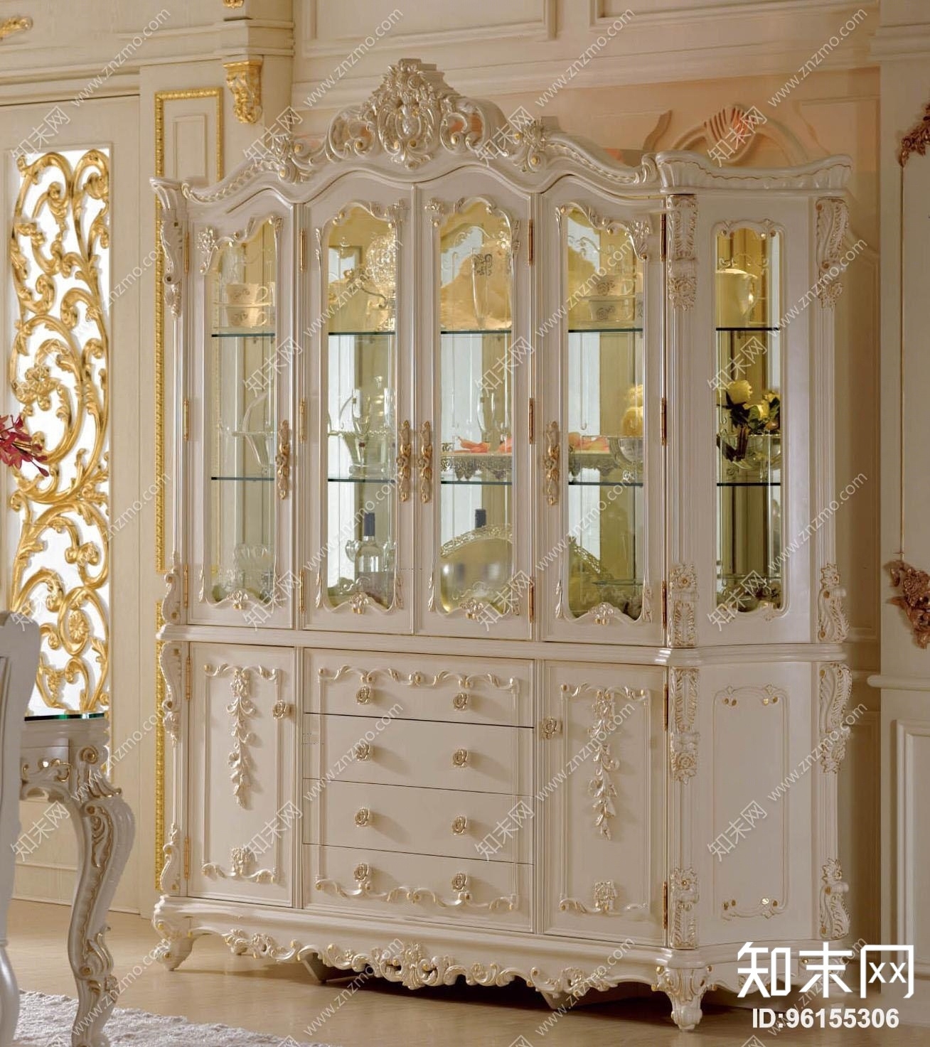 欧式雕花白色酒柜3D模型下载【ID:96155306】
