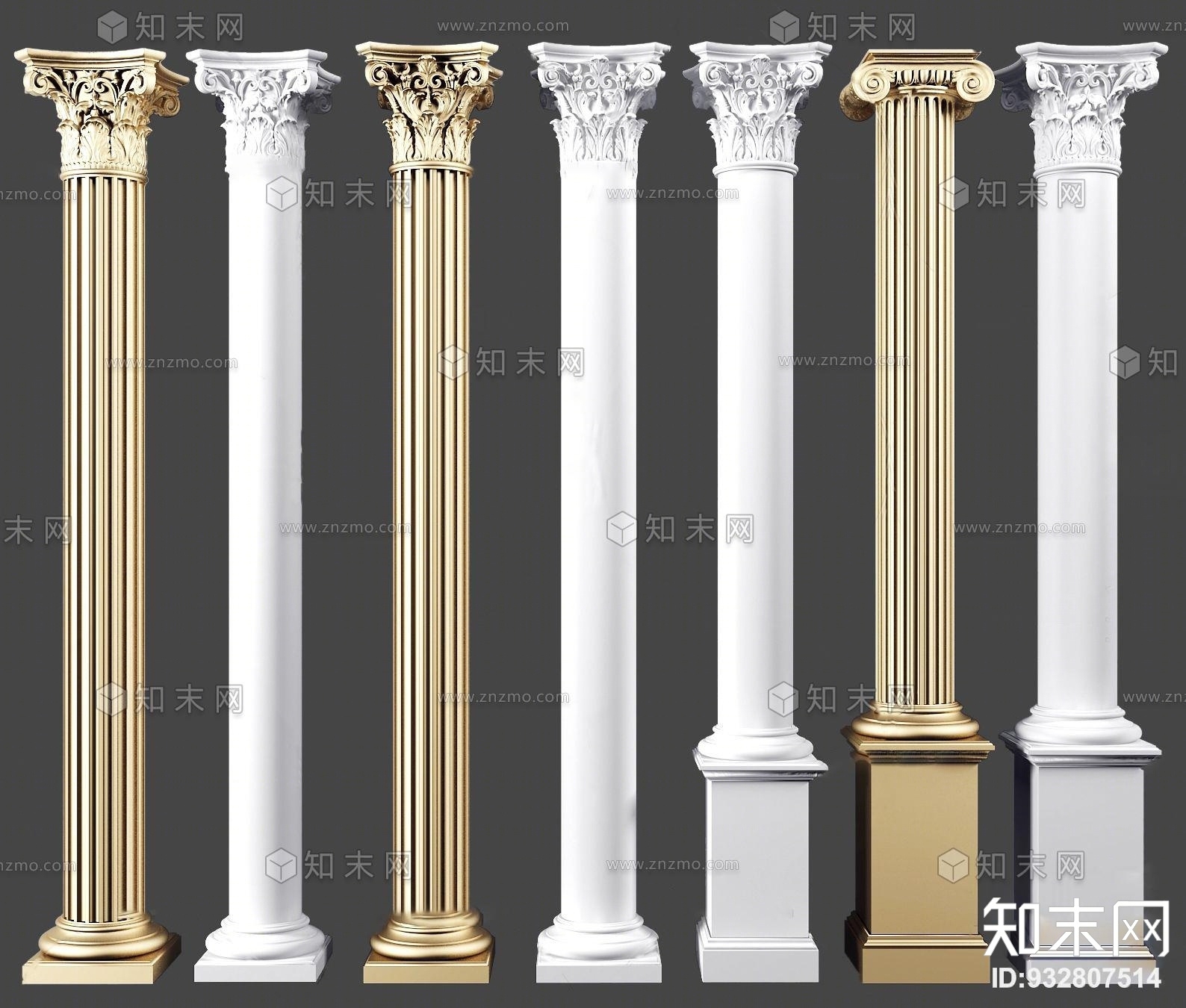 欧式石膏镀金罗马柱组合3D模型下载【ID:932807514】