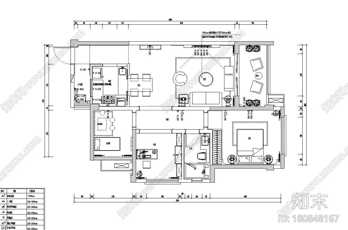 北欧风格三室两厅样板房施工图设计cad施工图下载【ID:180848167】
