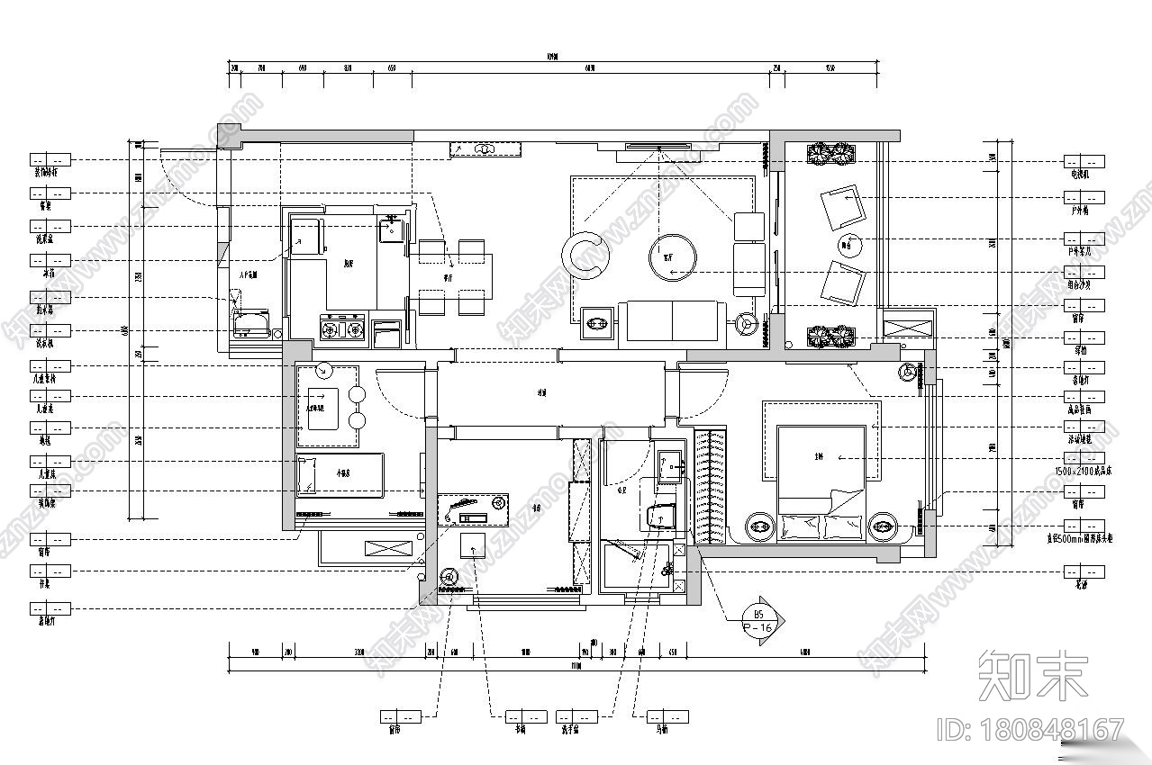 北欧风格三室两厅样板房施工图设计cad施工图下载【ID:180848167】