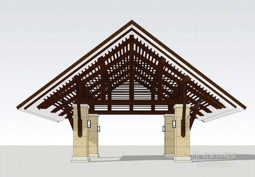 新中式入口雨棚设计SU模型下载【ID:66673374】