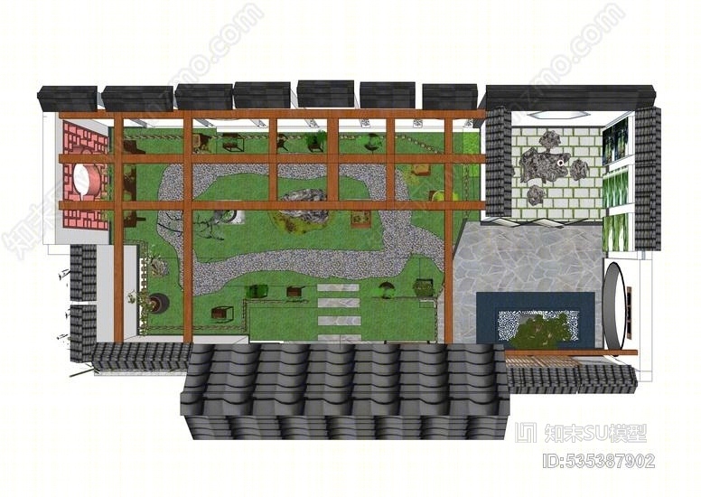 中式庭院景观SU模型下载【ID:535387902】
