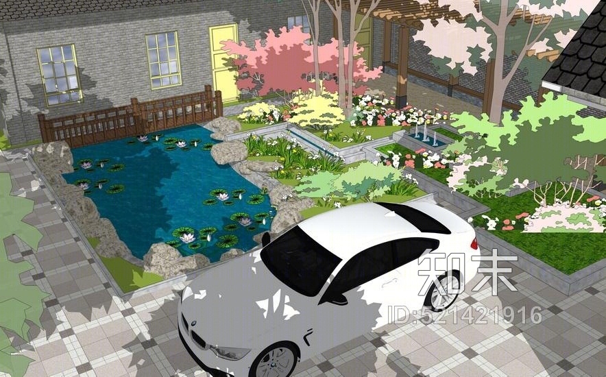 中式庭院景观SU模型下载【ID:521421916】