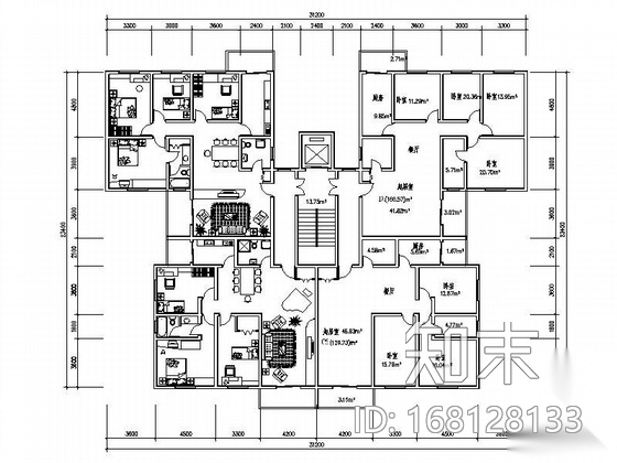 塔式高层一梯四户型图（166/129）施工图下载【ID:168128133】