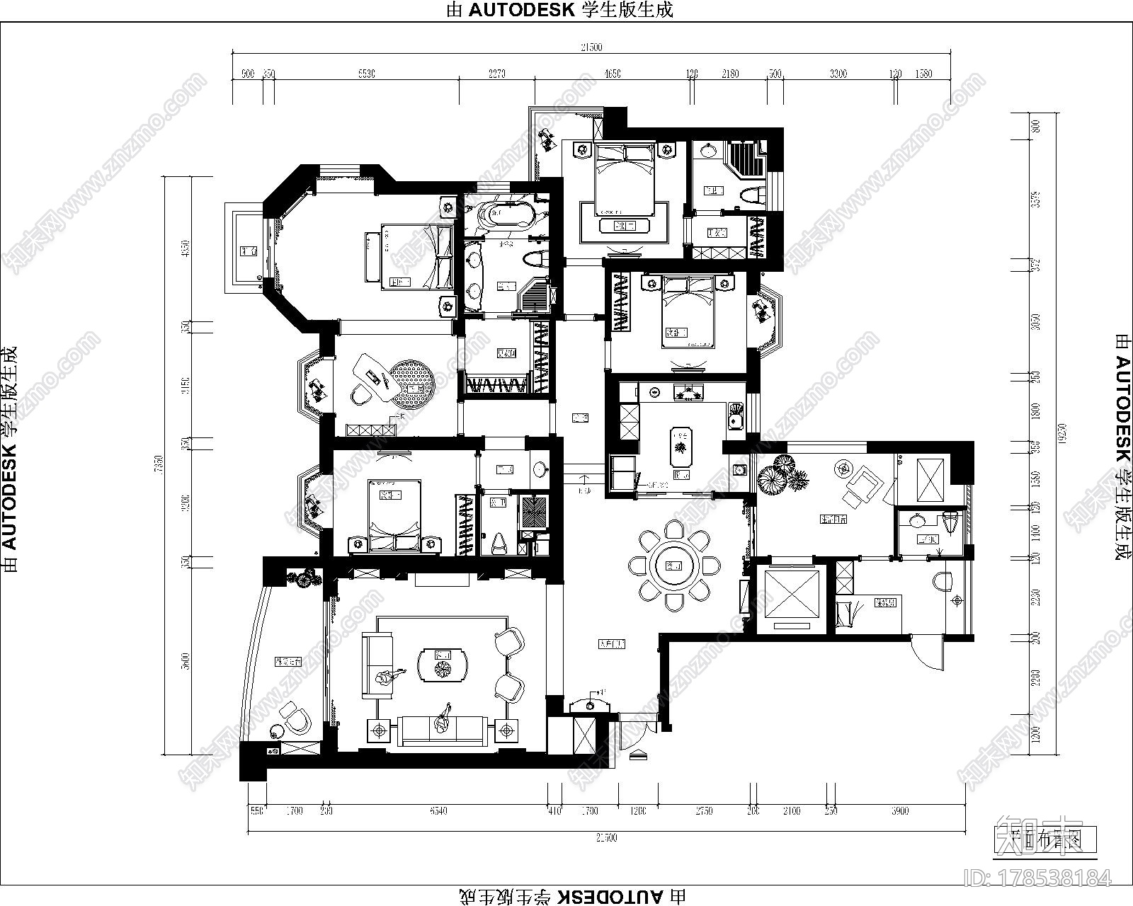 精品名城豪宅简欧风格五居室样板间CAD装修施工图（含效果）施工图下载【ID:178538184】