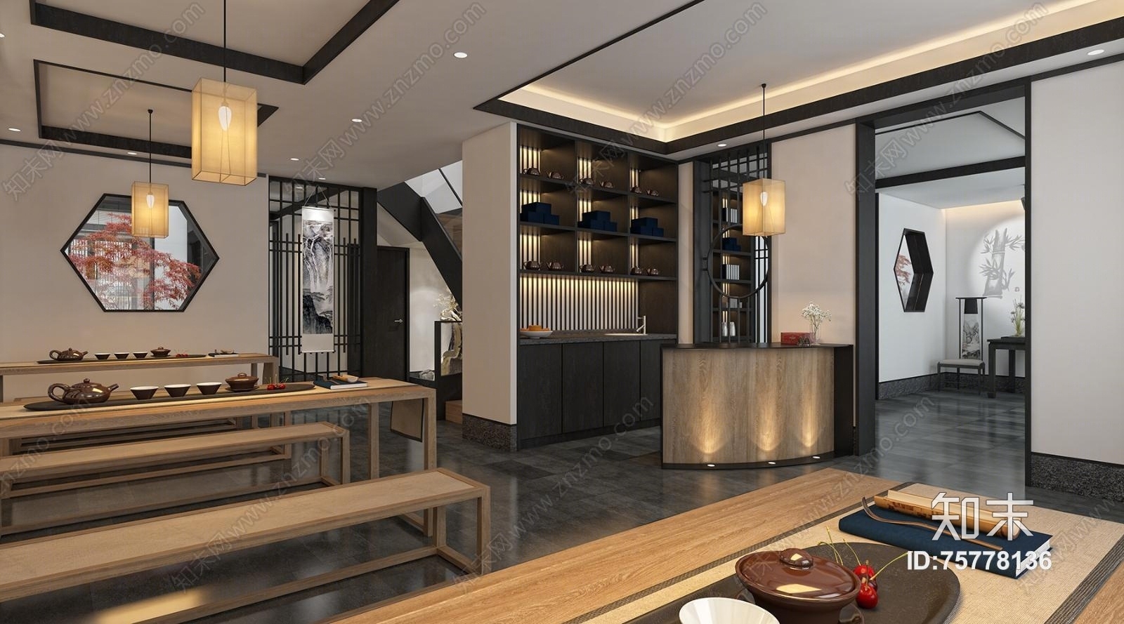 茶具，服务台，吊灯，餐桌，枯井，厨房3D模型下载【ID:75778136】