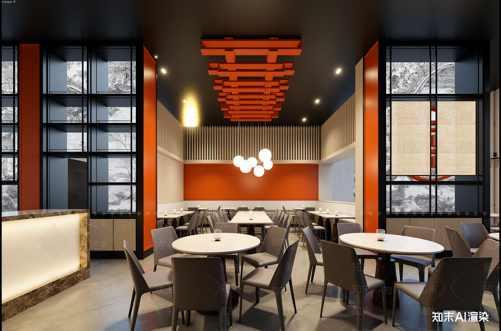 新中式酒店餐厅3D模型渲染效果图