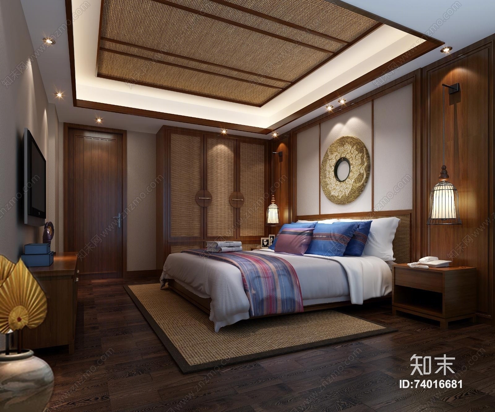 新中式别墅客餐厅卧室3D模型下载【ID:74016681】