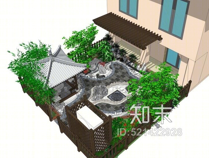 中式别墅庭院景观SU模型下载【ID:521422928】