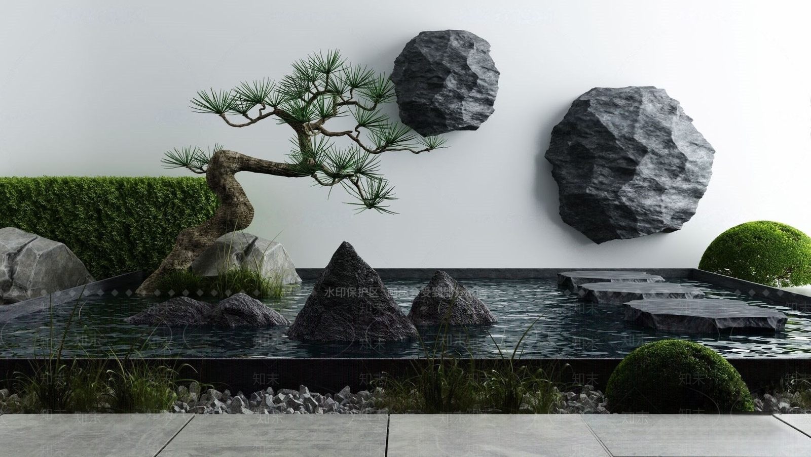 中式经典新中式松树水池景观小品国外下载3D模型下载【ID:171865052】