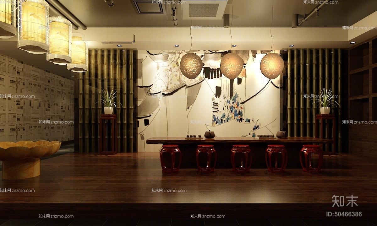 新中式金属鸟笼吊灯组合3D模型下载【ID:50466386】