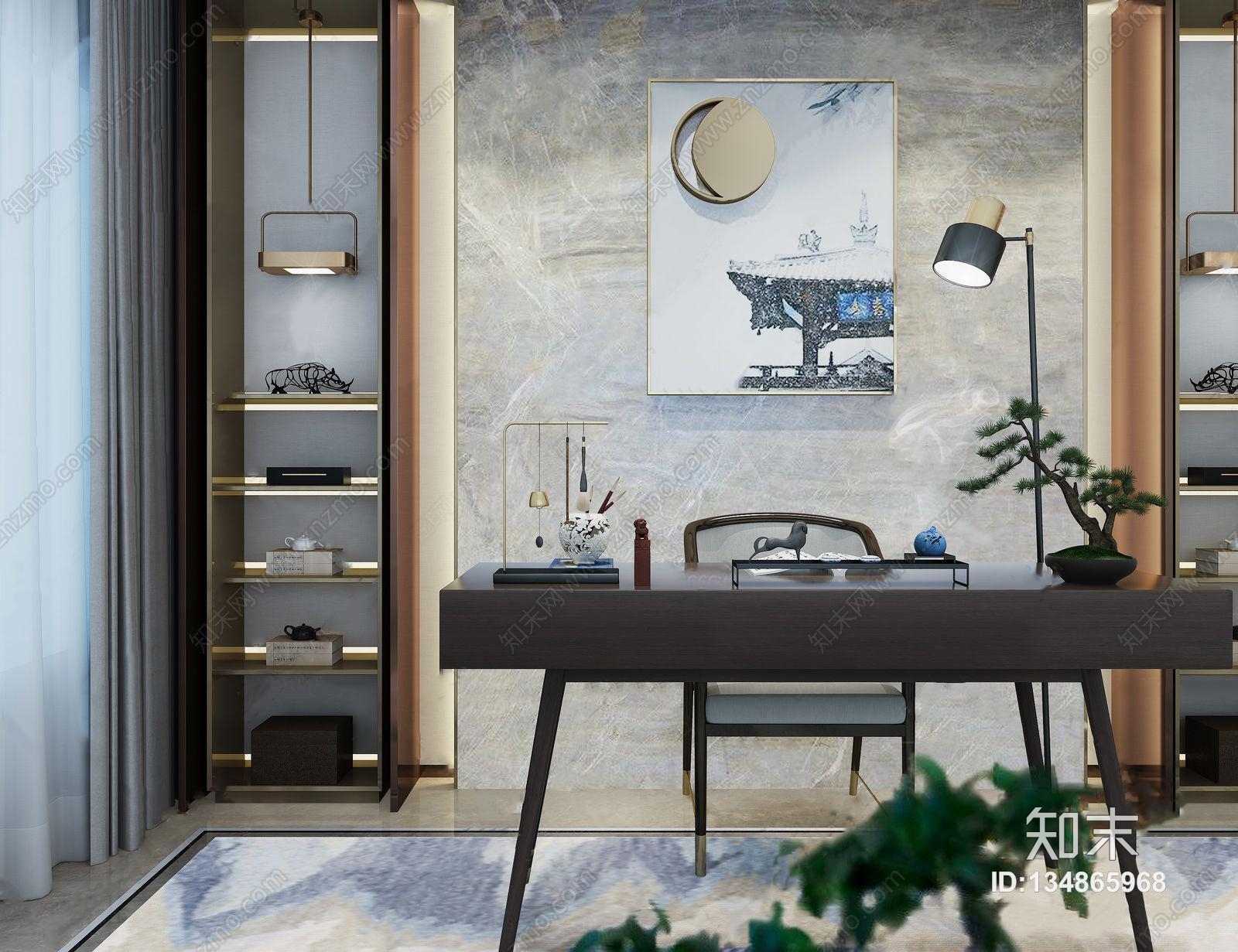 新中式书桌椅组合台灯摆件盆栽毛笔3d模型 Id 知末3d模型网
