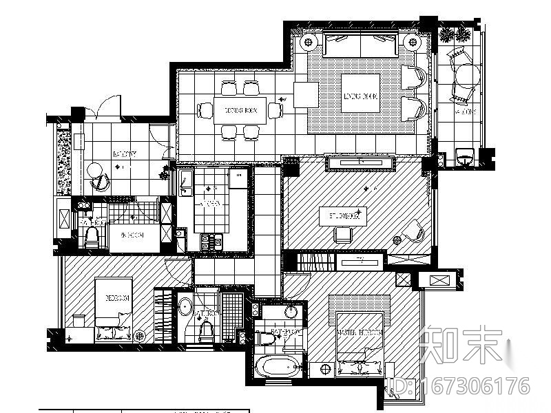 [福州]三室两厅样板房施工图cad施工图下载【ID:167306176】